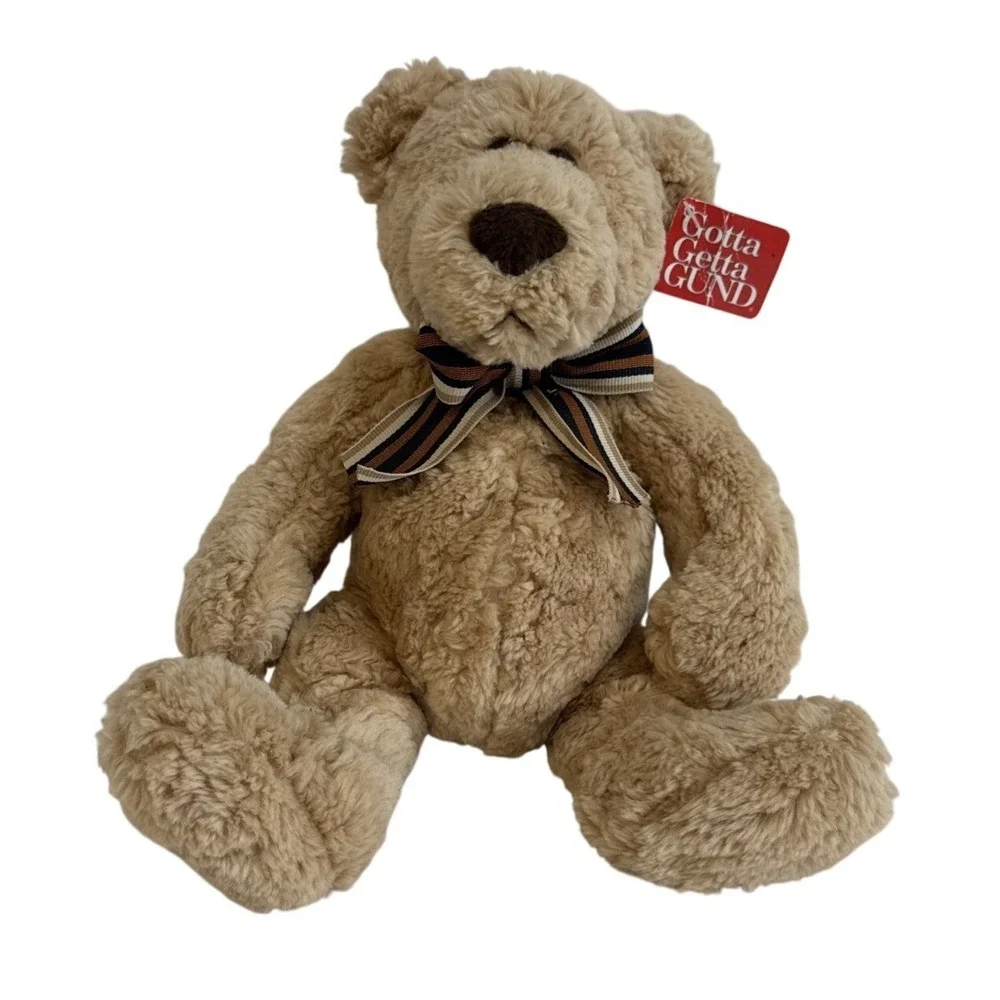 Gund Bearsnickles 2464 Tan Plush Teddy Bear with Striped‎ Bow 10 inch